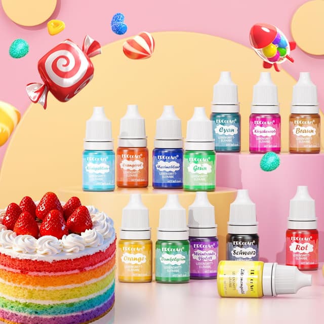 Detalle 2 de Lebensmittelfarbe Set mit 16 Farben (flüssig, hochkonzentriert) – für Kuchen, Fondant, Getränke, Slime & DIY