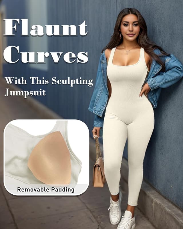 Detalle de Merlvida Sport-Jumpsuit für Damen: nahtloser Workout-Overall mit abnehmbaren Brustpolstern