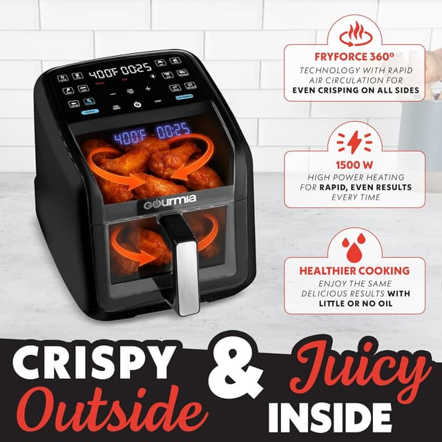 Detalle 2 de Gourmia 7 Qt Air Fryer with Easy View Panorama Window, Interior Light, and Guided 12 Presets