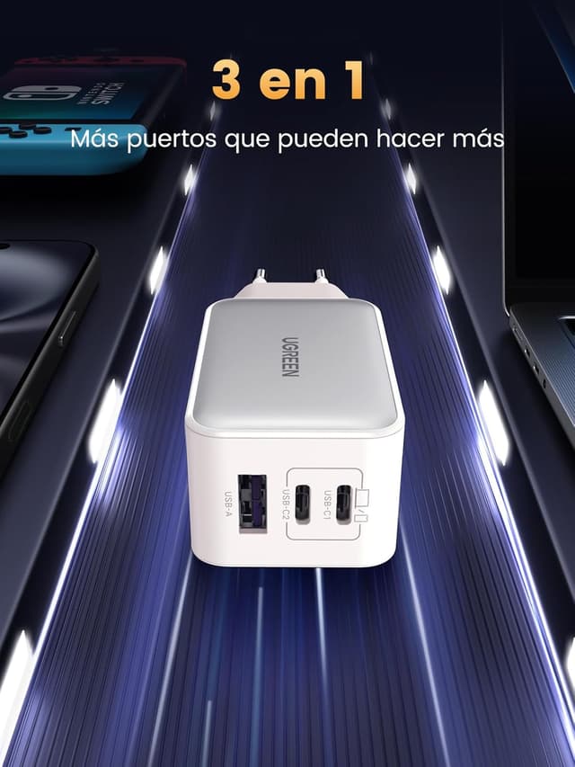 Detalle de UGREEN Nexode 65W cargador GaN 3 puertos