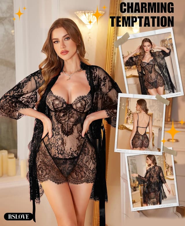 Detalle 2 de RSLOVE Women’s Lace Robe Chemise & Matching Panties 3-Piece Set