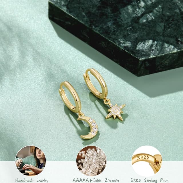 Detalle de Macachii 3 paires de boucles d’oreilles femme en argent 925 plaqué or 14K – mini créoles, étoiles et lunes