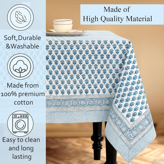 Thumbnail 6 de CPC Tablecloth 100% Cotton Indian Block Print Rectangle Table Cover, 60x90 Inch (Apatite Blue)