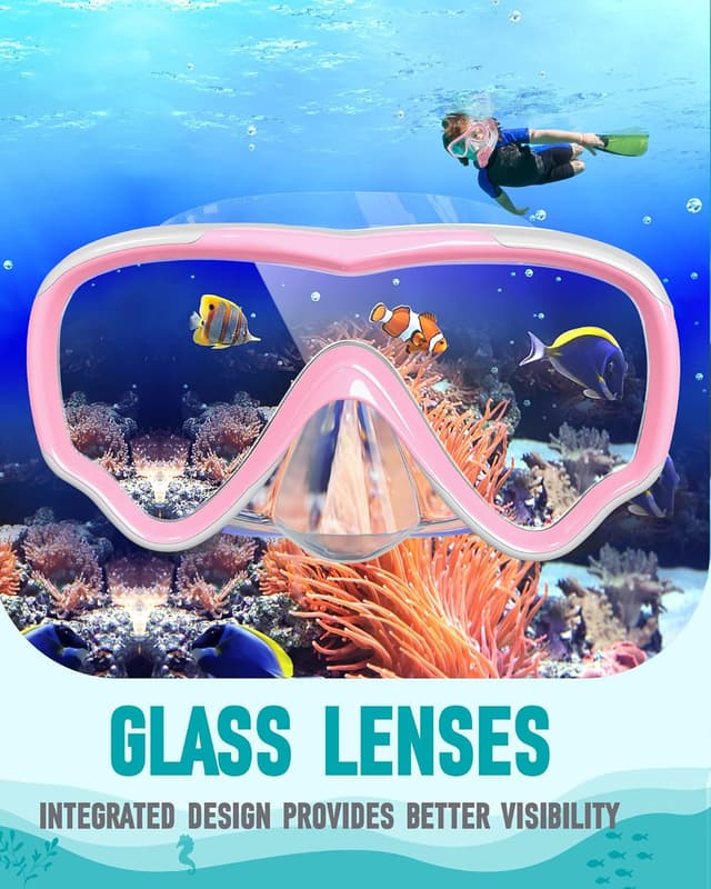 Detalle de RIOROO Taucherbrille Kinder (Panorama 180°, anti-Nebel) mit Nasenbekleidung – für Jungen & Mädchen 4–14