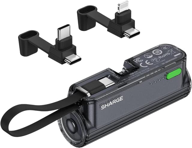 Detalle de SHARGE Flow Mini 2 5000mAh Power Bank (22.5W) with Dual Plugs and Built-in Cable