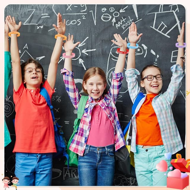 Detalle de Confezione da 24 braccialetti bambini in silicone con frasi motivazionali e amicizia (Tccydm 24)