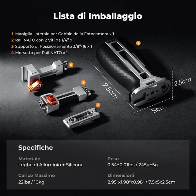 Thumbnail 6 de K&F CONCEPT Maniglia laterale NATO per gabbie fotografiche con regolazione su/giù e cold shoe