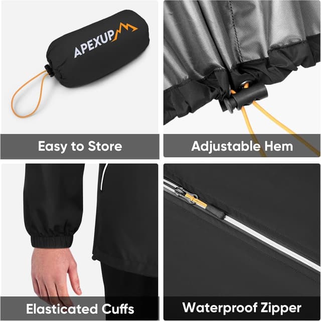 Detalle de APEXUP Packable Men’s Rain Jacket with Reflective Zipper — Lightweight Waterproof & Windproof