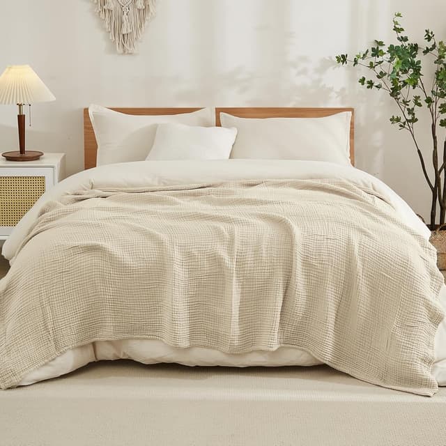 Detalle de EMME grande couverture en coton doux 230 x 230 cm pour lit Queen Size, toutes saisons, beige