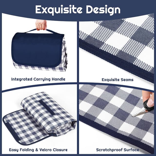 Detalle de Maidyna Picnic Blanket Waterproof 200 x 200 cm (Blue) – sandproof picnic mat with carry handle