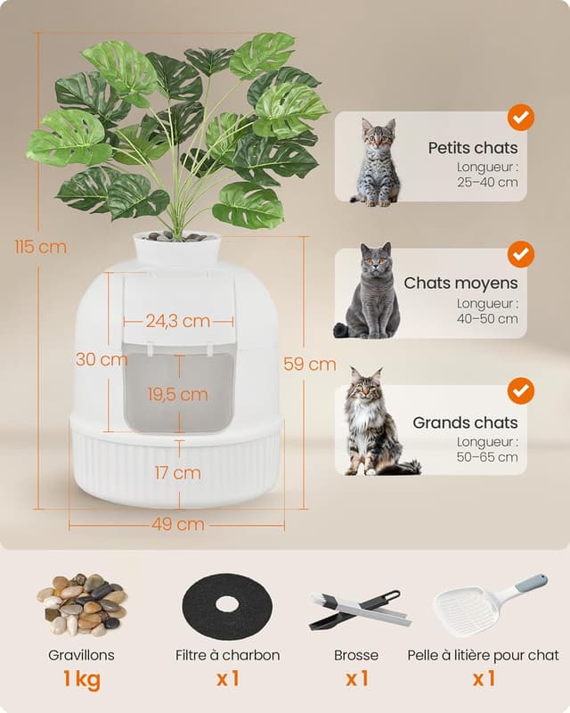 Detalle 2 de Meuble litière pour chat Feandrea avec fausse plante, porte basculante et filtre à charbon (blanc nuage) PPT006W101