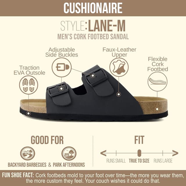 Detalle de CUSHIONAIRE Lane Cork Footbed Men’s Sandals with Adjustable Buckle Comfort Slides