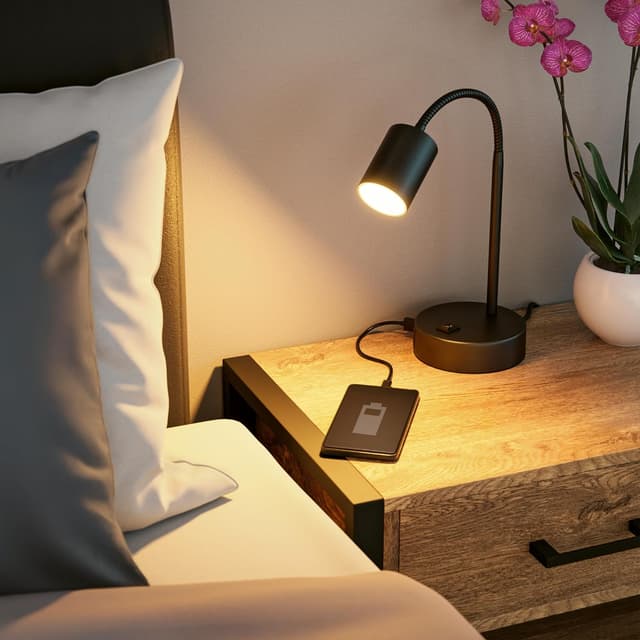 Detalle de ledscom.de Lampada da tavolo WAIKA nera con LED GU10, USB-A e USB-C