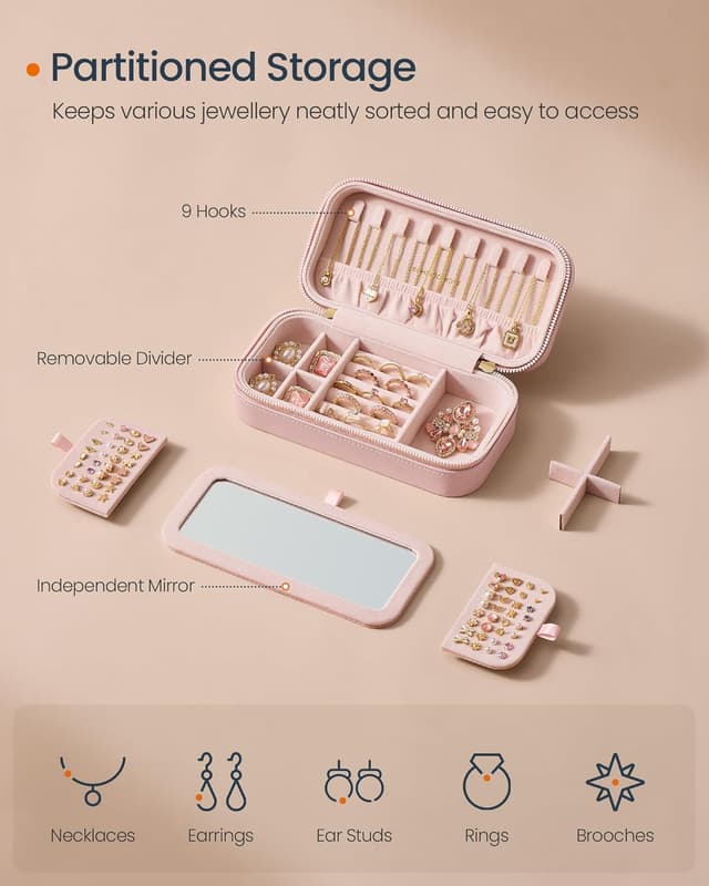 Detalle de SONGMICS HOME ANAH Collection Travel Jewellery Case (JBC180S01) with Mirror, 10.5 x 20.5 x 6 cm