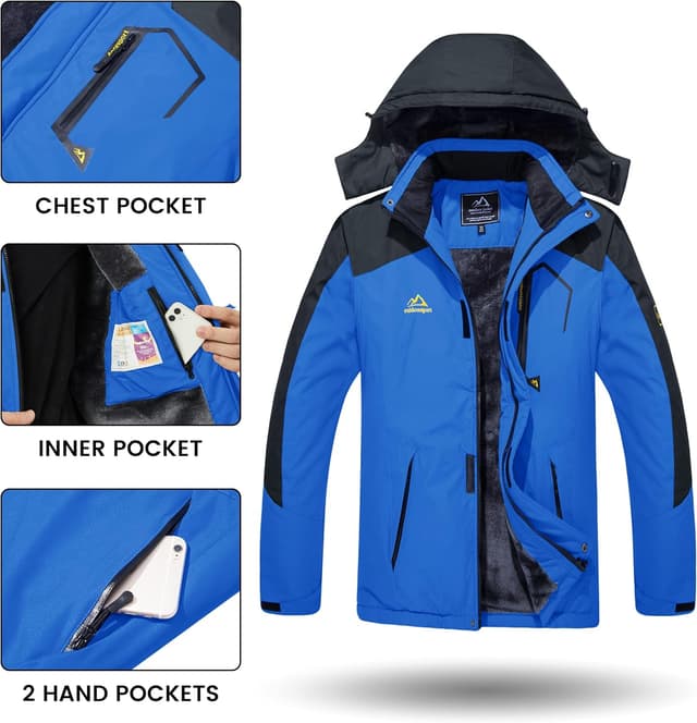 Detalle de TACVASEN Men’s Winter Skiing Jacket with Detachable Hood, Fleece Lining & Double Zipper