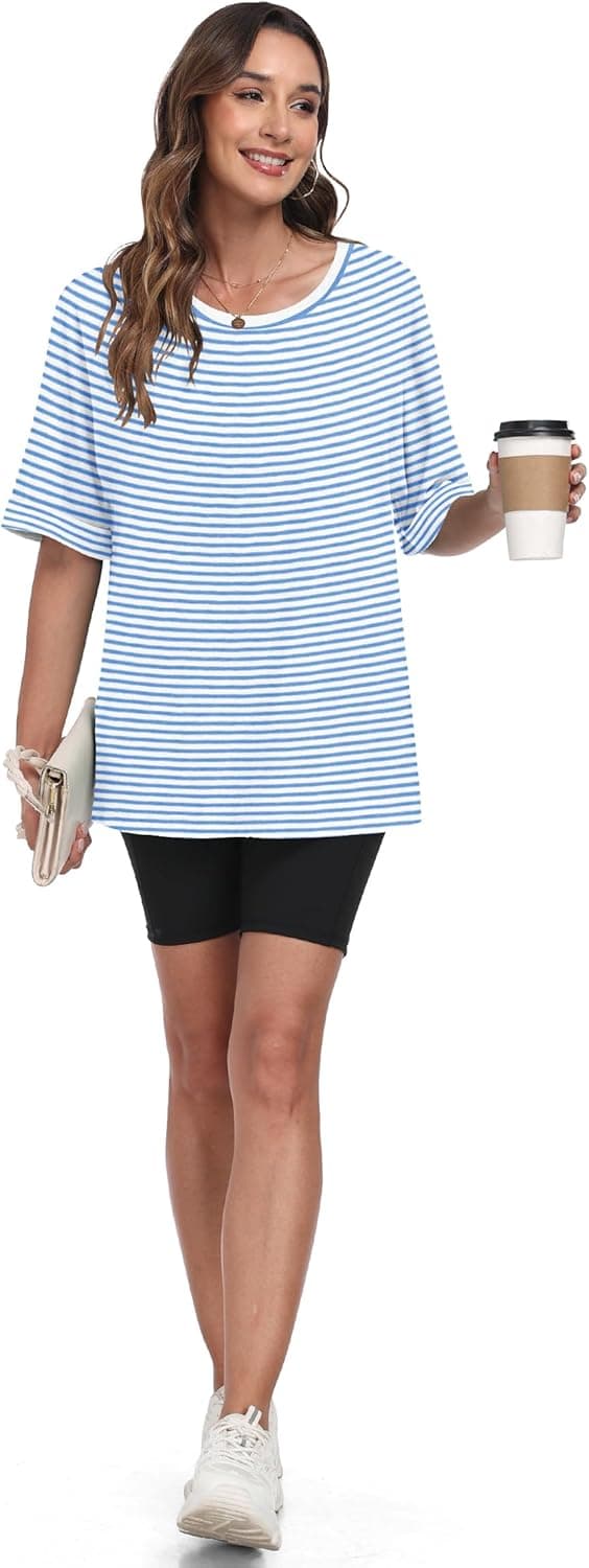 Detalle de WNEEDU Oversize Shirt Damen Kurzarm mit Rundhalsausschnitt und gekrempelten Ärmeln