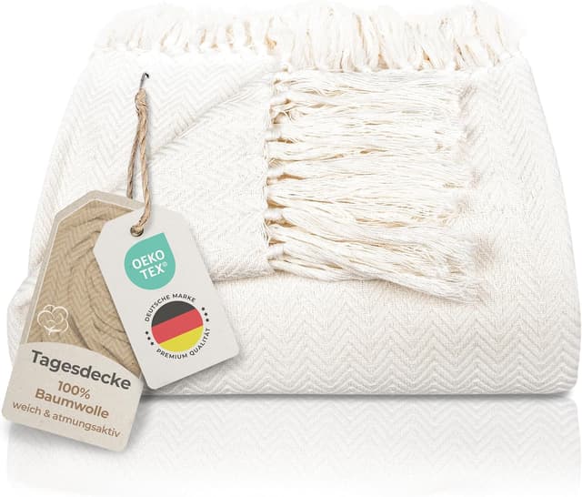 Detalle de Gräfenstayn Premium Tagesdecke mit Fransen (100% Baumwolle) – Creme, XXL 220 x 240 cm