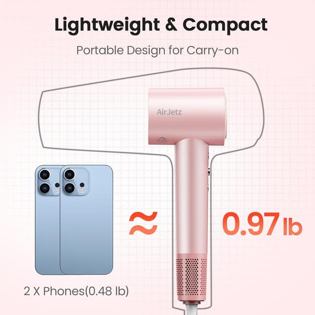 Detalle 2 de Hair Dryer (160,000 RPM) Ionic Blow Dryer with Diffuser, Magnetic Nozzle, 4 Temps & 2 Speeds — Pink