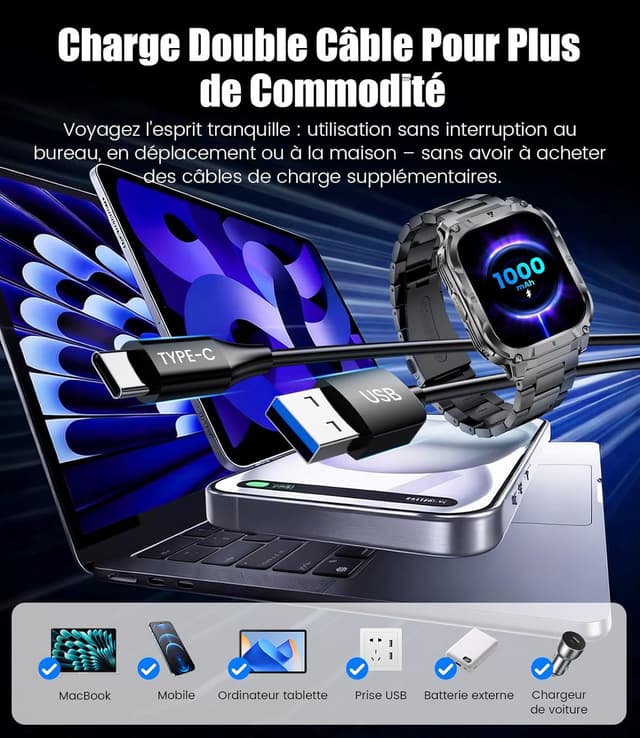 Detalle 2 de FitVigor Montre Connectée Homme noire 2,0" HD : écran large, 110+ modes sportifs et suivi santé