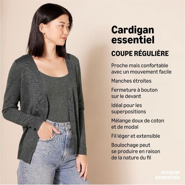 Detalle de Cardigan léger à col en V Amazon Essentials pour femme, coupe classique (grande taille disponible)