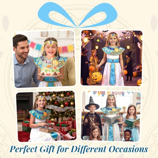 Detalle 2 de WIKITOT Egyptian Costumes for Girls (Aged 5–13) – Full Egyptian dress-up set for World Book Day & Halloween