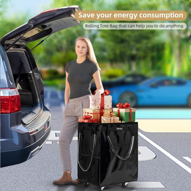 Detalle de (Large, Black) Reusable Rolling Grocery Bag on 5 Wheels with Zipper, 72L Foldable Tote