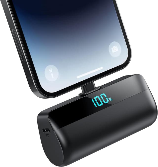 Detalle de Feob Mini Power Bank 5200 mAh per iPhone, ultra compatto 20W PD con display LED (nero)