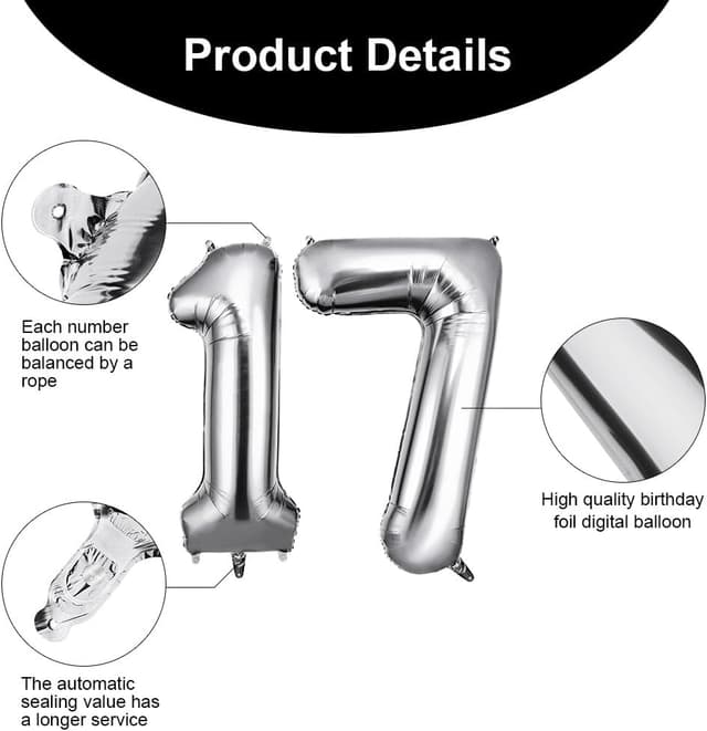 Detalle de OFFCUP 40 Inch Number 17 Balloon (Silver) – Large foil self-inflating helium balloon decorations