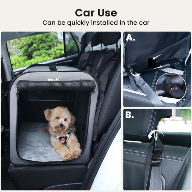 Detalle de Portable Dog Car Carrier Crate with Breathable Windows (61×45×52cm) – Foldable Grey Travel Crate