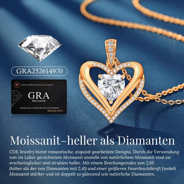 Thumbnail 6 de Collier CDE femme double cœur en argent 925 avec moissanite (Pureté VVS1, couleur D)