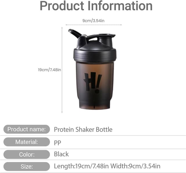Detalle de Guoxintech Protein Shaker Bottle 500ml with Mixing Ball (Leakproof Flip-On Lid) – Black