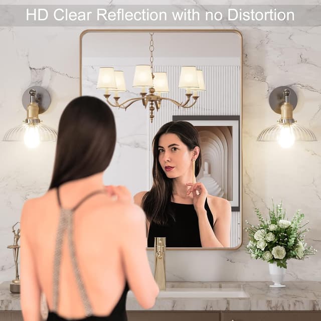 Detalle de LOAAO Gold Bathroom Mirror, 20 x 30 in Rounded Rectangle with Brushed Gold Frame