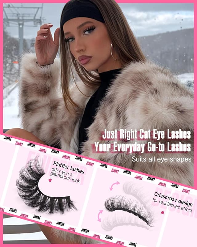 Detalle de JIMIRE Mink Lashes Wispy Cat Eye Lashes (14–16mm) Full 6D Volume, D-Curly Faux Mink, 7 Pairs