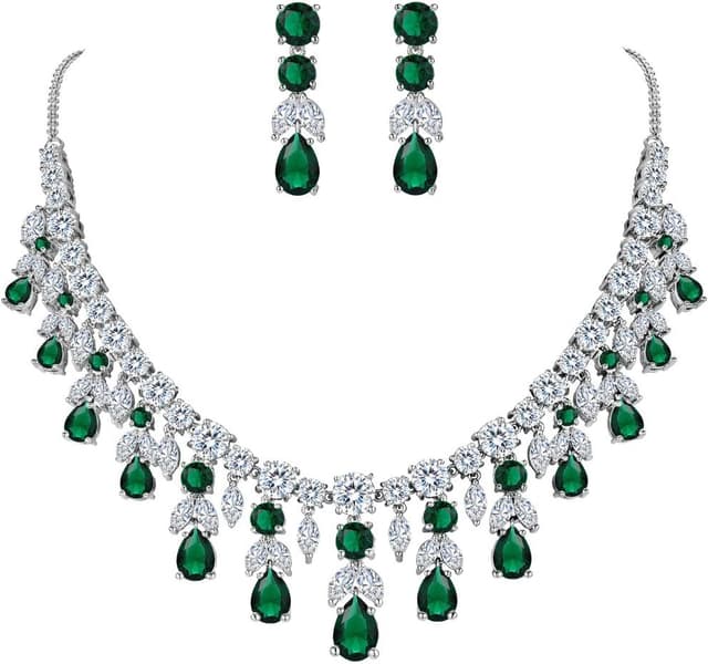 Detalle de Parure mariage vintage Clearine Femme : collier cluster feuilles & goutte d’eau en zircon + boucles d’oreilles