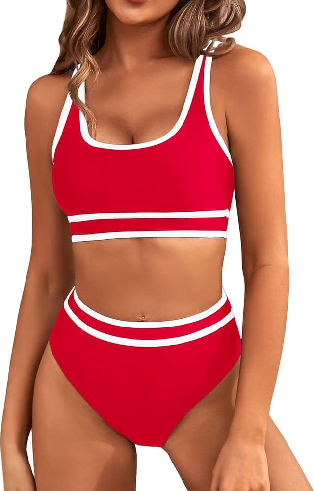 Detalle de BMJL Women’s High Waisted Sporty Bikini Set with Color Block Cheeky High-Cut Bottoms
