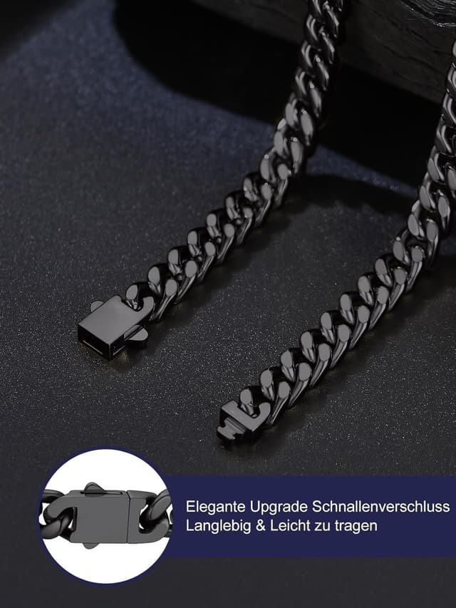 Detalle de Bandmax Panzerkette Herren aus 316L Edelstahl – kubanische Gliederkette 5/7/9/12 mm in Schwarz, Silber, Gold