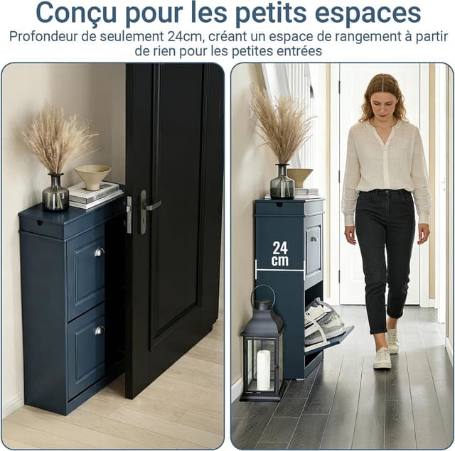 Detalle de SoBuy Meuble à chaussures bleu mat avec tiroir, 2 abattants et crochets latéraux FSR78-B