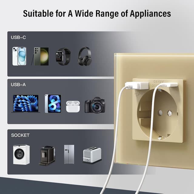 Detalle de BSEED Glas-Steckdose mit 20W USB-C Schnellladegerät (20W), 3-in-1 Unterputz – 86 mm, 1-fach, Gold