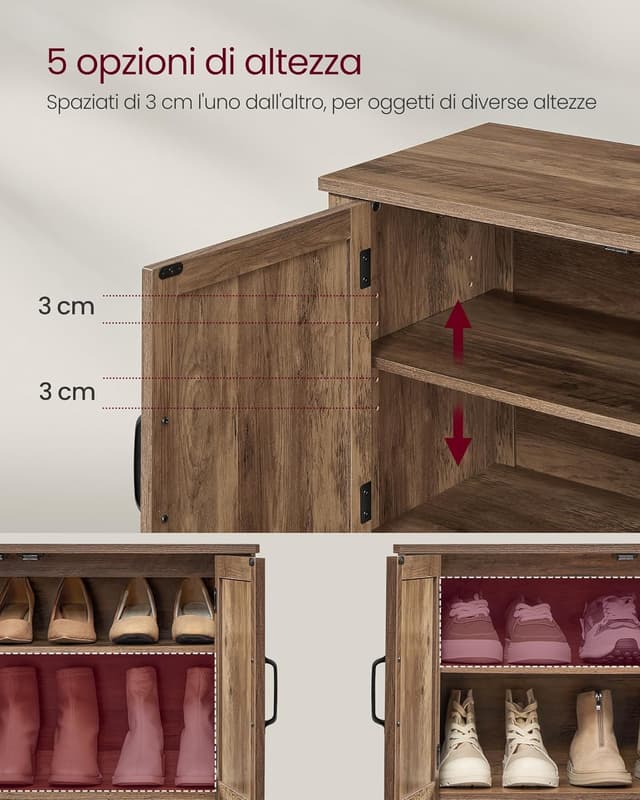 Detalle de VASAGLE Mobiletto Porta Scarpe a 3 livelli LBC038B01, scarpiera con ripiano regolabile e manici