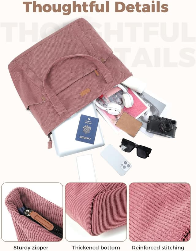 Detalle de Lekespring Cord Tasche Damen – große Tote Bag mit Reißverschluss und 15,6-Zoll-Laptopfach (Rosa)