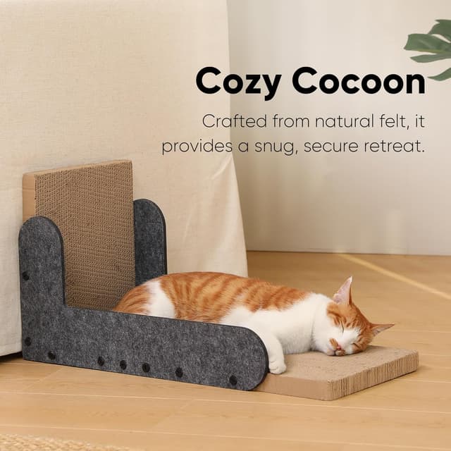 Detalle 2 de FUKUMARU L-Shaped Cat Scratcher (68 cm) Wall Scratch Pad with Felt Edge & Furniture Protection – Grey