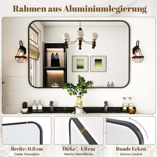 Detalle de Koonmi Miroir mural rectangulaire 75 x 122 cm à cadre métal noir, montage horizontal ou vertical