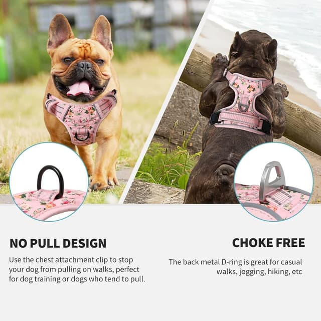 Detalle de HEELE Dog Harness for Small Dogs (No Pull) with Reflective Strips, Soft Padded Handle – Flower-Pink, Size S