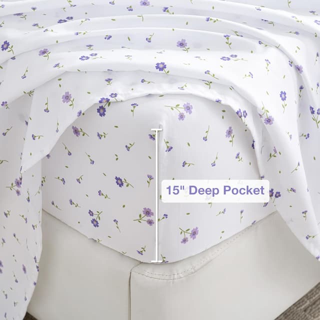 Detalle de softan Purple Floral King Bed Sheet Set with 15-inch Deep Pocket Fitted Sheet & Non-Slip Straps