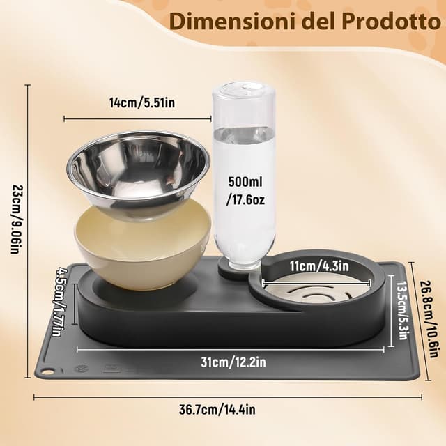 Thumbnail 6 de Marchul ciotole rialzate per gatti con supporto inclinato 15°, acciaio inox e bottiglia d’acqua a gravità da 500 ml