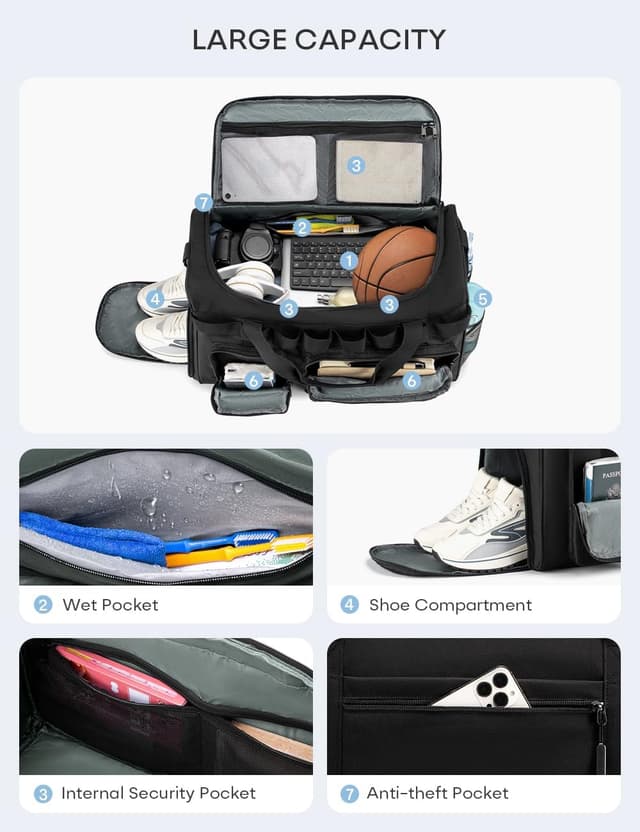Detalle de BAGZY Sac de sport homme 50L imperméable avec compartiment chaussures et sec/humide, 55x35x25 cm