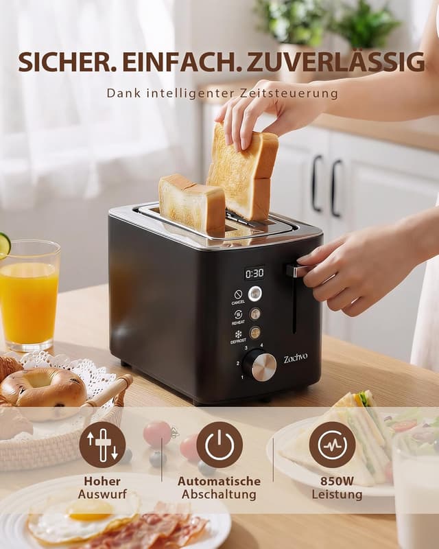 Thumbnail 6 de Edelstahl 2-Scheiben-Toaster mit LED-Countdown & Brötchenaufsatz – extra breite 3,5 cm Schlitze, 6 Bräunungsstufen (mattschwarz)