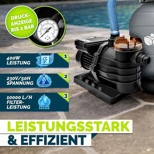 Detalle 2 de tillvex Sandfilteranlage für Pool 10 m³/h inkl. 800 g Filterbälle, 7-Wege-Ventil & Druckanzeige (Ø32/38 mm)