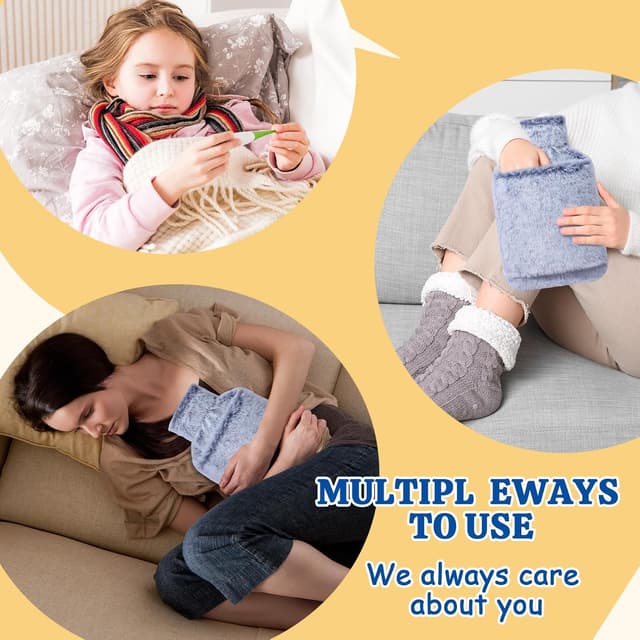 Detalle 2 de HAOCEE Wärmflasche mit Bezug (2L) – Auslaufsicher, mit Känguru-Tasche & Flausch-Bezug (Dunkelblau)