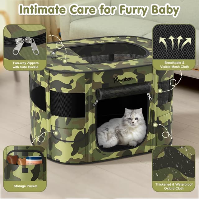 Detalle de Portable Dog Playpen with 600D Oxford Tent Fabric, Waterproof Breathable Gates and Carry Case (Medium/Large), Black Camouflage